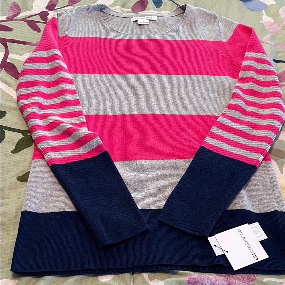 Liz Claiborne Women's Sweater - Pink, Gray, and Navy Stripes NEW